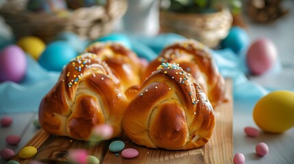 Buns made from yeast dough in a shape of easter bunny and colored candy eggs easter symbols and food selective focus