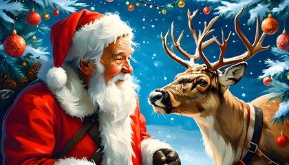 Wall Mural - Joyful Santa Claus and reindeer celebrating in a festive Christmas wonderland filled with decorations and snow