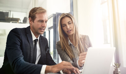 Poster - Man, woman or laptop in office for advice, business meeting or report for company growth. People, tech or discussion in workplace for teamwork, brainstorming or budget planning for financial year end