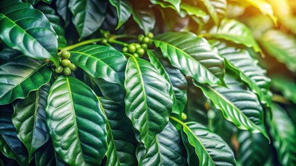 Close-up of vibrant green leaves on a coffee tree , coffee, tree, leaves, nature, plant, agriculture, farm, tropical, botany