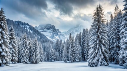 Wall Mural - Snow-covered pine forest in the North Italy Dolomites under a gray sky, dolomites, Italy, snow, pine forest, winter, cold