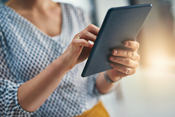 Poster - Office, businessperson and hands with tablet for creative agency, research and website information. Workplace, woman manager and closeup with scroll for online page, content creation and blog post