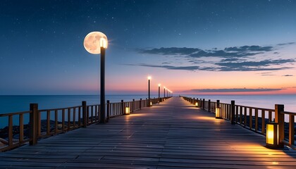 Wall Mural - Serene twilight ambiance on a wooden walkway by the ocean, bathed in moonlight and soft glow of street lamps beneath a starry sky