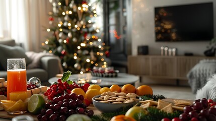 Christmas day home decoration with snack and fresh juice in living room