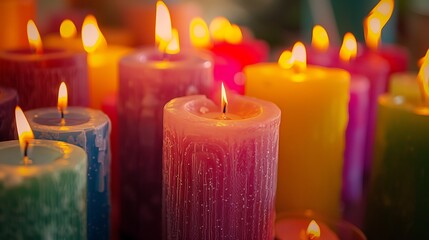 Close up of colorful candles on table