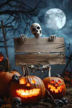 Halloween party border, background. skeleton holds wooden board with copy space. night time, big moon and schary graveyard and castle in back. High quality photo