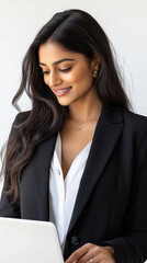 Sticker - young indian business woman wearing black suit standing on white background