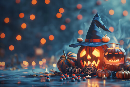 halloween background. Candle lit carwed pumpkin with with hat and oder decor. Children trick or treat theme. High quality photo