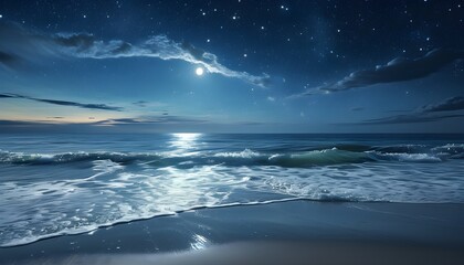 Serene moonlit beach with gentle waves under a starry sky