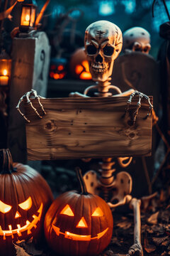 Halloween party border, background. skeleton holds wooden board with copy space. night time, big moon and schary graveyard and castle in back. High quality photo