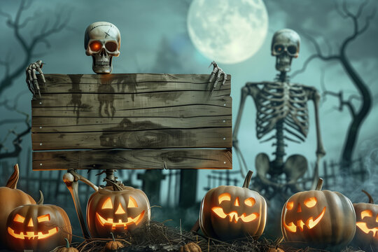 Halloween party border, background. skeleton holds wooden board with copy space. night time, big moon and schary graveyard and castle in back. High quality photo
