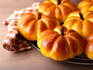 Fresh homemade pumpkin shaped buns