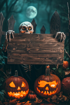 Halloween party border, background. skeleton holds wooden board with copy space. night time, big moon and schary graveyard and castle in back. High quality photo