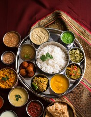 Indian festive vegan and vegetarian thali- spread of small dishes. Beautiful exotic setting, glamorous servingware