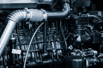 Aufkleber - Black diesel engine. Fragment of a diesel motor close-up. Selective on the fuel injection in the the diesel engine. supply system for diesel fuel.  Engine details  engine  background