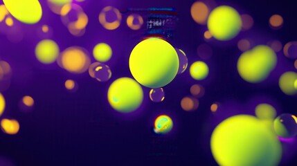 Glowing circular orbs in shades of neon green and yellow, softly floating against a dark purple backdrop