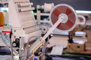 Poster - industrial sewing embroidery machine in fashion factory
