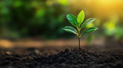 A small green plant with a few leaves is sprouting from dark brown soil. Concept of new growth and the beginning of life