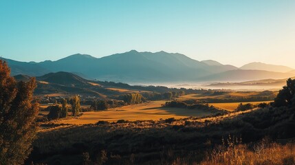 A mountain range in the far distance, serving as a background for a peaceful valley