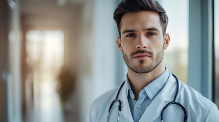 Portrait of handsome male doctor with stethoscope over neck working while looking at camera in the medical consultation