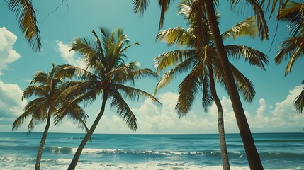 Film of palm trees in front of the ocean on a tropical island