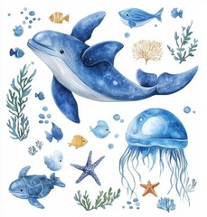 sea animals composition. Blue watercolor ocean fish, turtle, whale and coral. Shell aquarium mermaid submarine. Nautical dolphin marine illustration, jellyfish, Generative AI