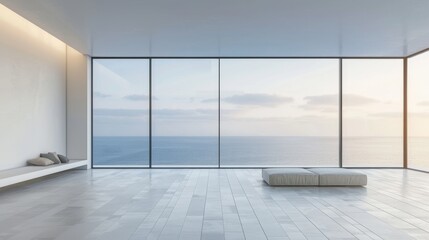 A large, empty room with a view of the ocean