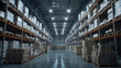 © MichaelMob - A spacious warehouse with neatly arranged shelves filled with pallets, illuminated by overhead lights, creating an organized storage environment.