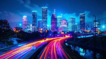 A city at night with a highway in the middle