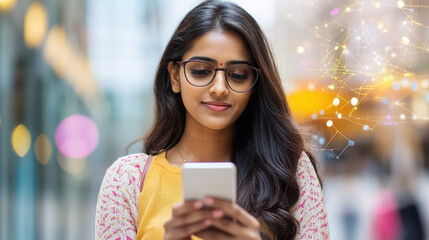 young indian female college student using smartphone