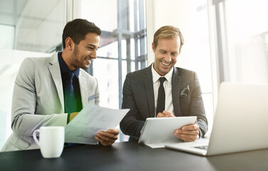 Aufkleber - Businessmen, tablet and paperwork for legislation in office, problem solving and meeting for justice. Employees, boardroom and online to check international citation, talk and plan for legal policy