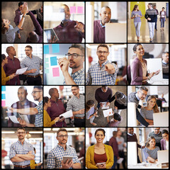 Poster - Collage, group and business people in office for job, meeting and collaboration at creative startup. Team, composite and employees at workplace with diversity, different staff and publisher coworking