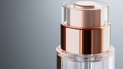 Close-up of a glass serum bottle with a rose gold cap, showcasing intricate packaging design. No people. No logo.