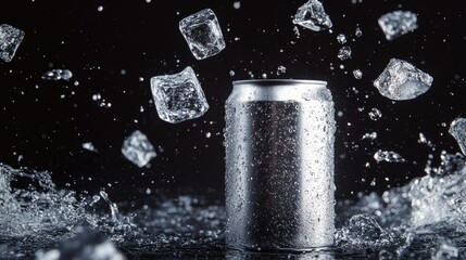 Wall Mural - Flying ice cubes and splashes around an empty aluminum can mockup on a black background, creating a refreshing and cool effect