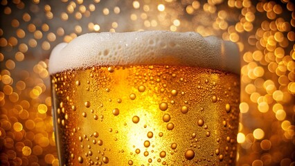 Close-up of a glass of beer with bubbles and froth, sparkling background.