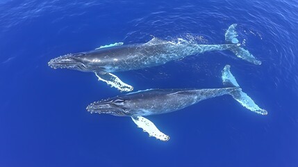 Two majestic humpback whales swimming gracefully in deep blue ocean waters.