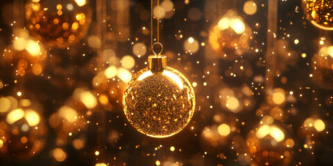 Christmas Golden Ornaments on Glittering Background