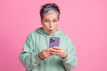 Sticker - Photo of funny impressed lady wear khaki hoodie chatting instagram twitter telegram facebook isolated pink color background