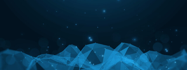 Fototapete - Digital abstract waveform technology blue flat background banner, graphics vector polygon plexus line and dots shape connecting link structure, futuristic tech data computer concept.