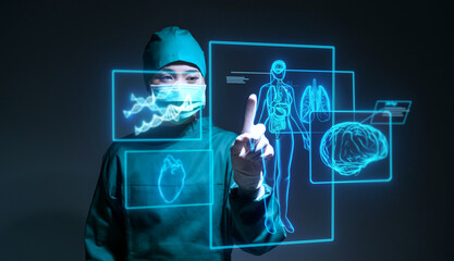 Asian female doctor specialist surgeon using computer human body anatomy display screen technology artificial intelligence assistance AI, operation simulation augmented reality medical healthcare tech