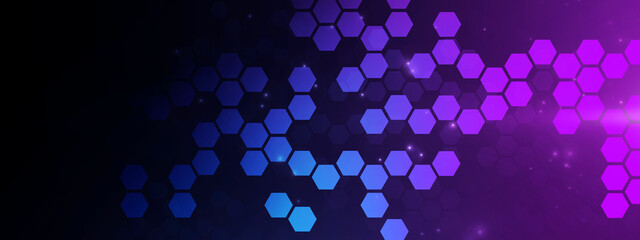 Fototapete - Abstract hexagon blue purple background banner futuristic business data technology modern concept, polygon shape lines connecting link structure dark blue contrast copyspace.