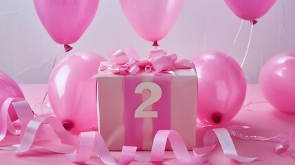 Number 2 birthday celebration pink gift box and pink balloons