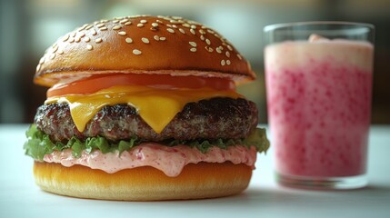 Enjoying a delicious cheeseburger topped with fresh ingredients alongside a fruity drink