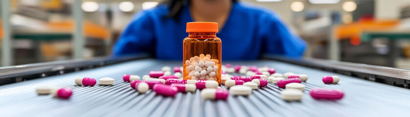 closeup of a pill bottle on a conveyor belt, surrounded by scattered pills, highlighting pharmaceuti