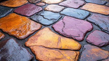 Poster - A vibrant stone pathway with irregular shapes and rich hues, reflecting the subtle play of light and water droplets.