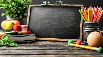 Aufkleber - A Vintage Chalkboard with Colorful Pencils and Educational Supplies on a Rustic Wooden Table