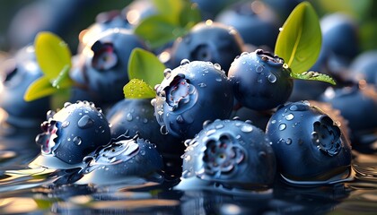 Wall Mural - Vibrant closeup of blueberries splashing in clear water, highlighting their organic freshness and natural allure for health and nutrition themes