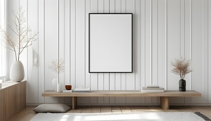 Canvas Print - Elegant minimalist vertical frame on a clean white wall, ideal for showcasing art or photos, crafted with AI generative design