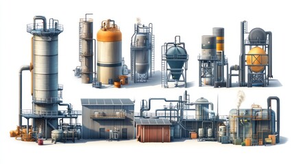 Canvas Print - Plant machinery set including heavy boilers, pressure vessels, and piping systems for industrial processing.