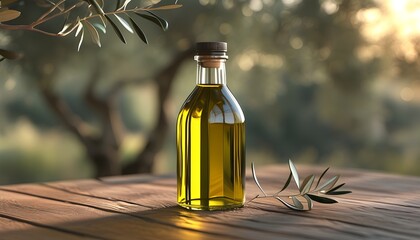 Wall Mural - Serene olive oil jar on wooden table with clear glass design, softly illuminated by sunlight against a blurred natural background